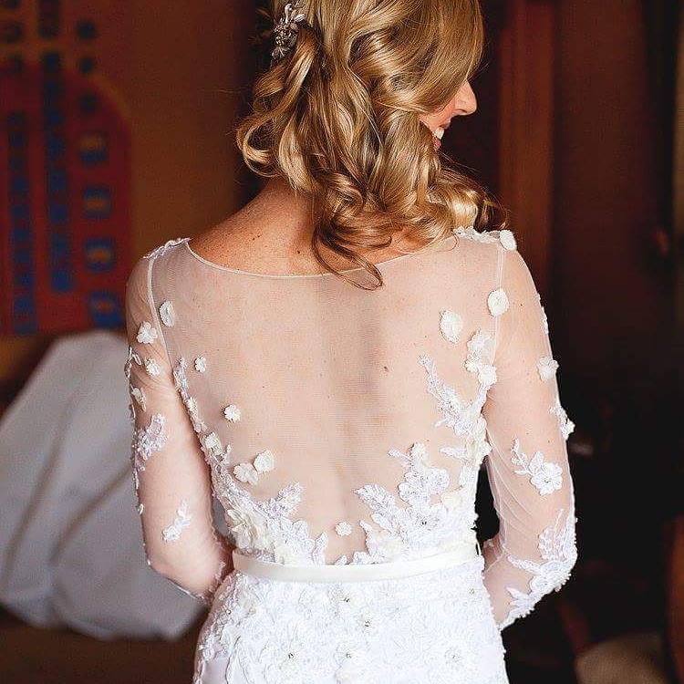 Delicate 3D floral and lace sleeved wedding gown